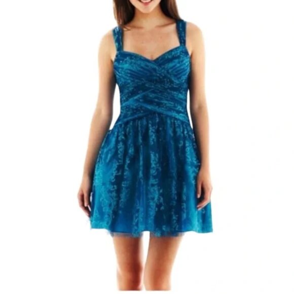 Homecoming or Prom Blue Sequin Tulle Glitter Fit-and-Flare Dress - Picture 1 of 5